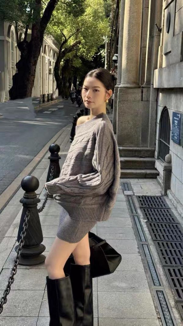 麻花露肩短裙套裝 