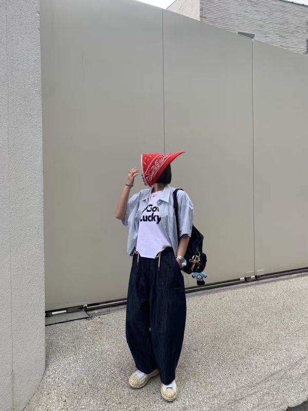 綁帶單寧長褲 