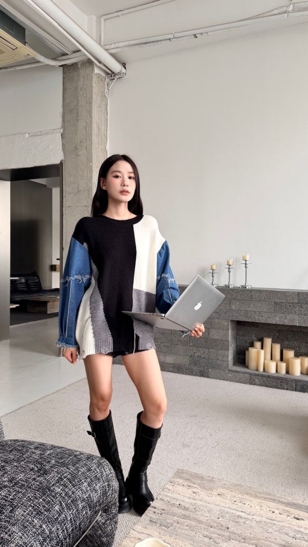 牛仔拼接針織衫 