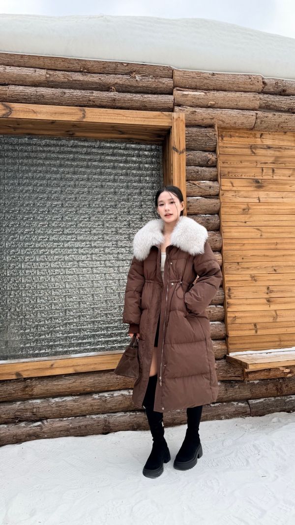 鴨絨90%狐狸毛長版外套（咖色） 