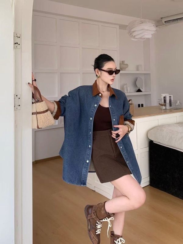 麂皮領撞色口袋牛仔襯 