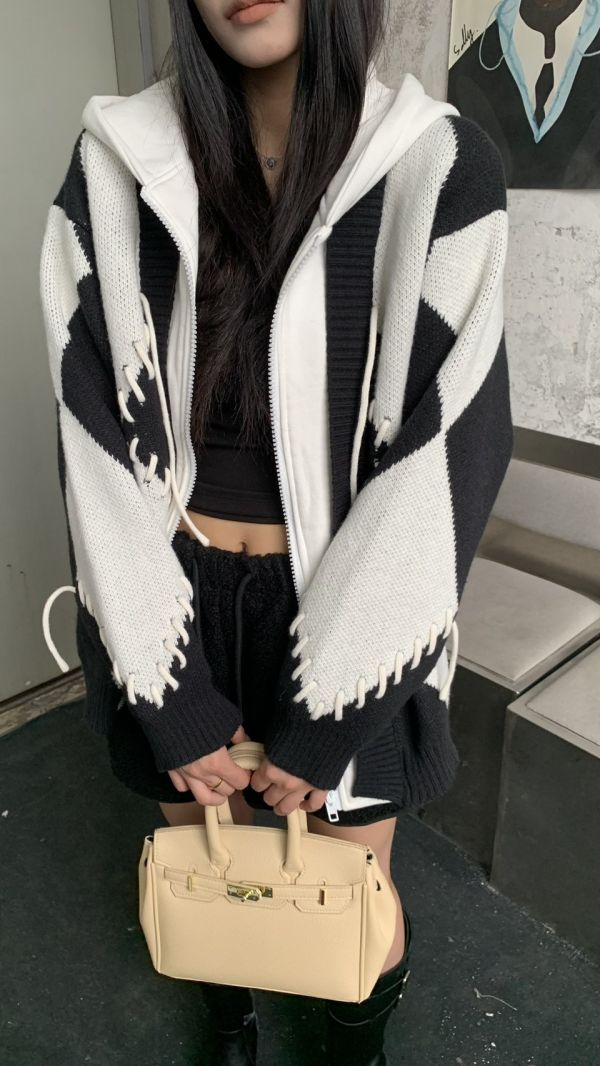 造型編織配色針織外套 