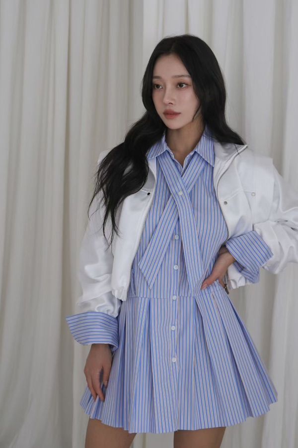 S05.翻領條紋連身裙 