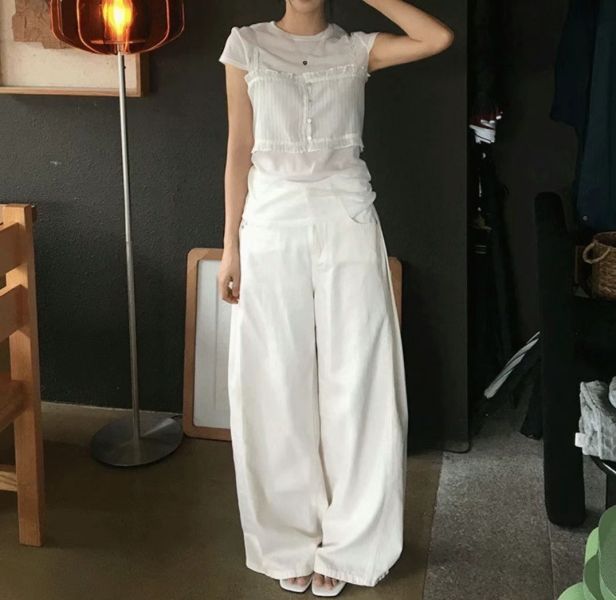 夏季白色闊腿褲 