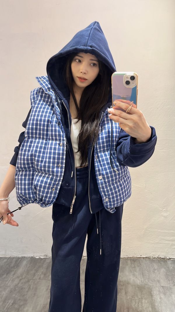 格紋鋪棉背心刷絨套裝 