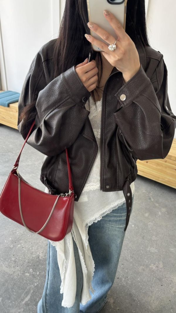 雲感羊紋軟糯廓形皮外（咖色） 