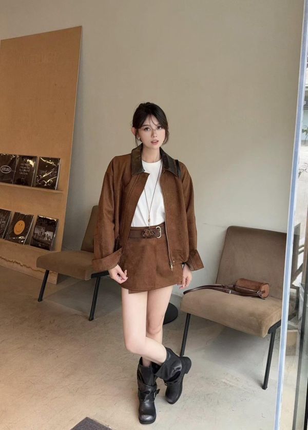 復古接皮麂皮套裝 