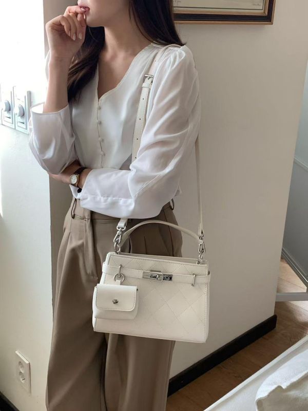 法式菱格真皮二用包 