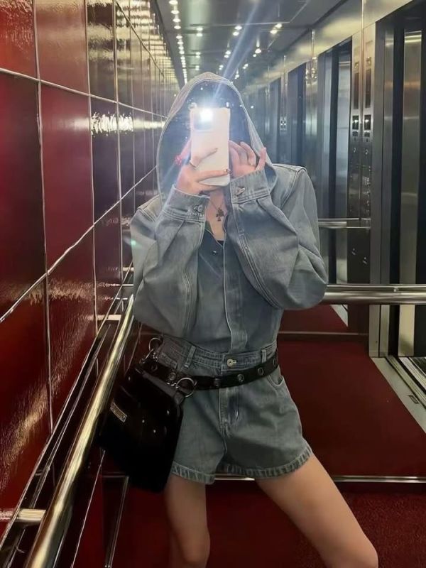 連帽牛仔連身褲 