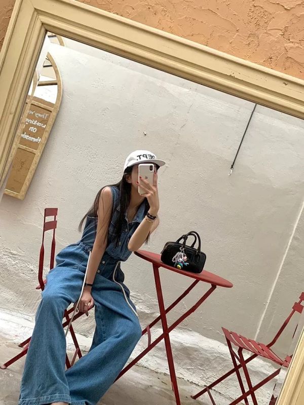 抽繩牛仔吊帶褲 