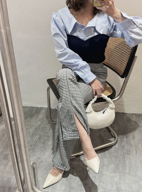 格紋開衩長褲 