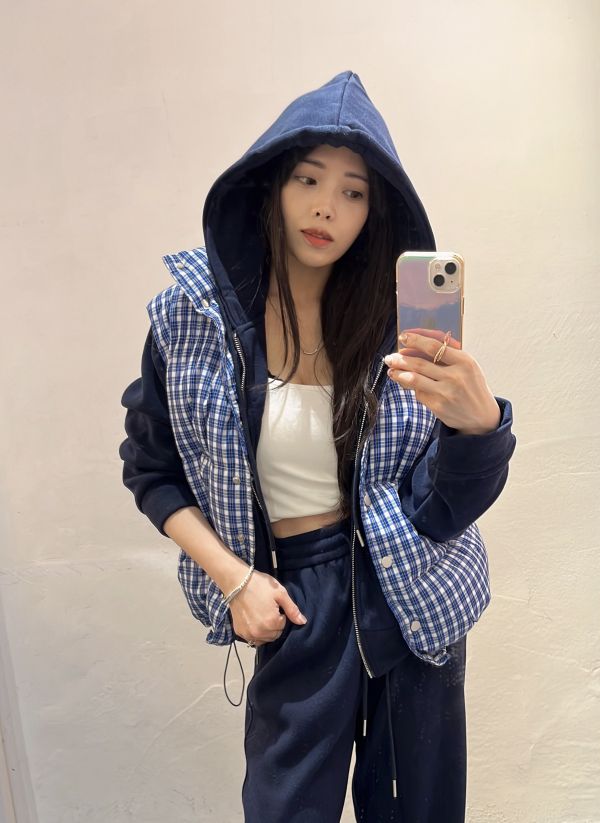 格紋鋪棉背心刷絨套裝 