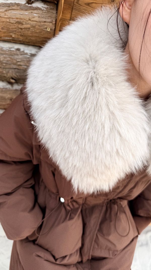 鴨絨90%狐狸毛長版外套（咖色） 