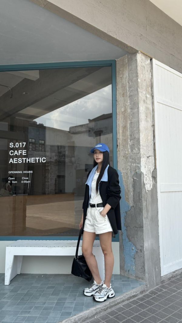 配色領西裝外套（黑色） 