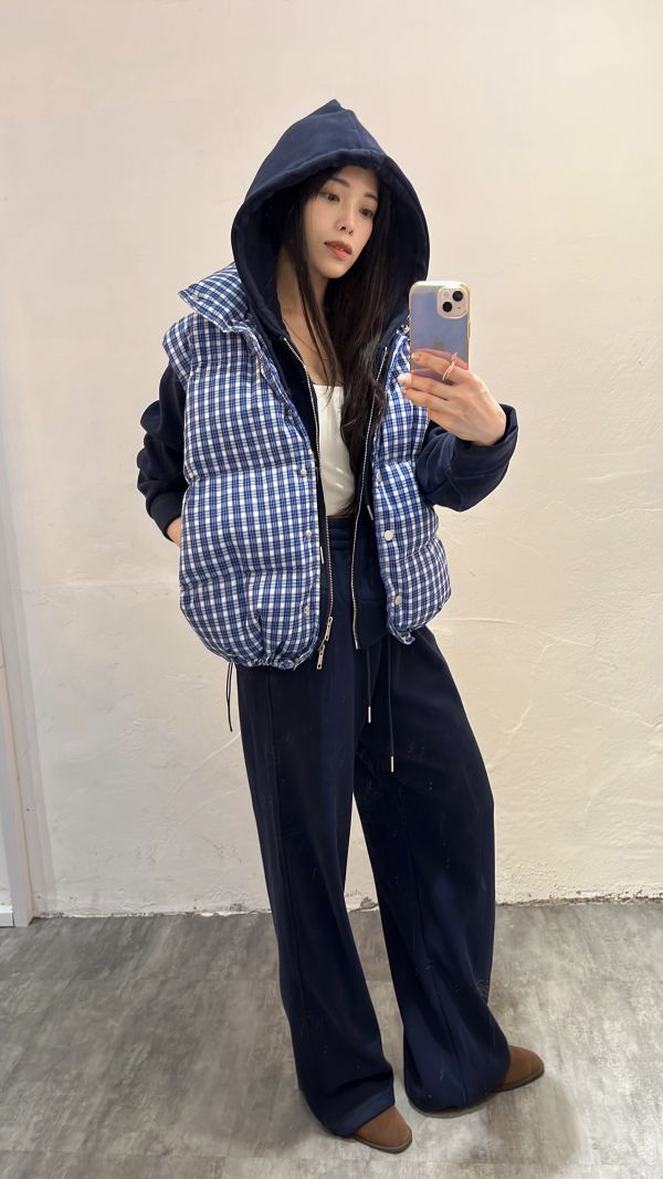 格紋鋪棉背心刷絨套裝 