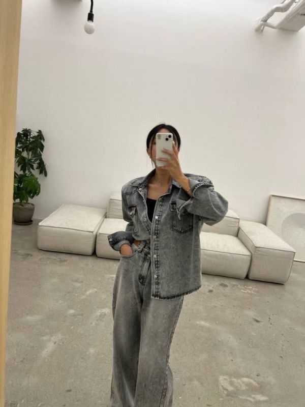 復古牛仔口袋衫＋直筒牛仔褲套裝 