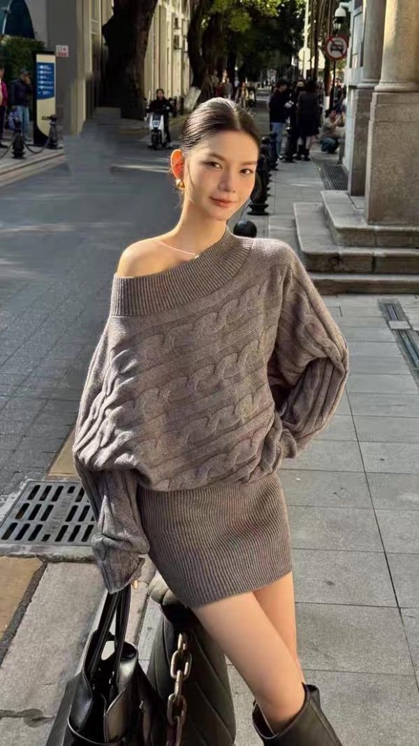 麻花露肩短裙套裝 