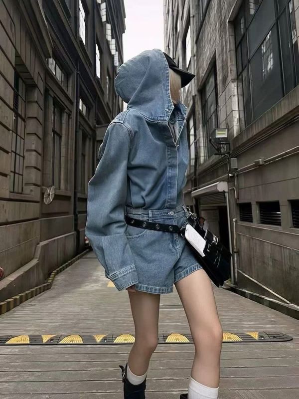 連帽牛仔連身褲 