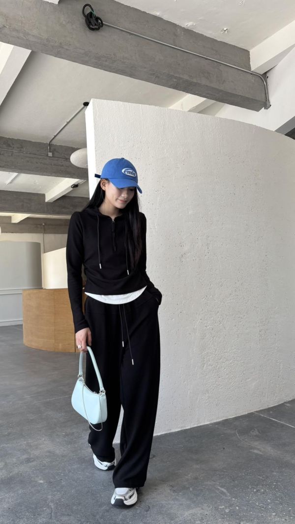 連帽假兩件長褲套裝（黑色） 