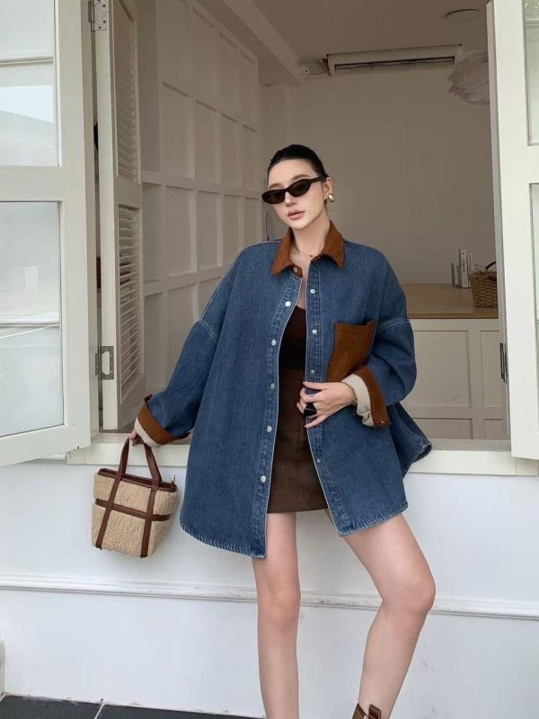 麂皮領撞色口袋牛仔襯 