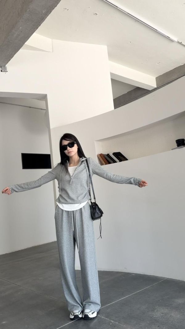 連帽假兩件長褲套裝（花灰） 