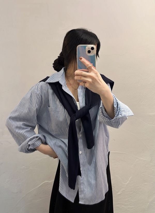 條紋披肩襯衫 