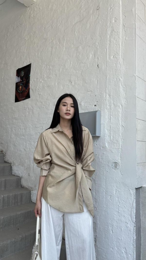 麻料附皮帶鬆緊褲 