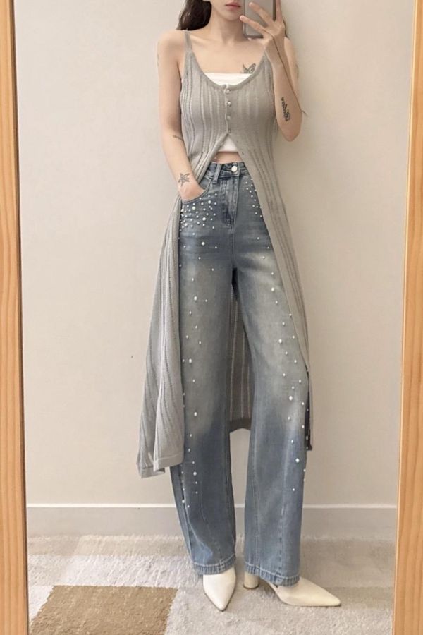 下開衩針織長版背心 