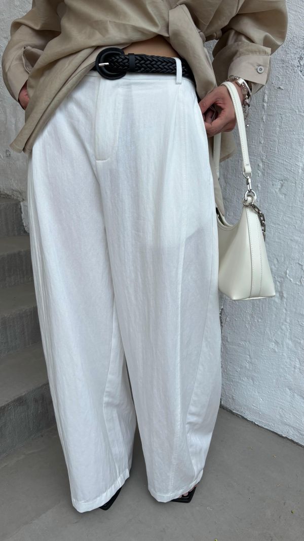 麻料附皮帶鬆緊褲 