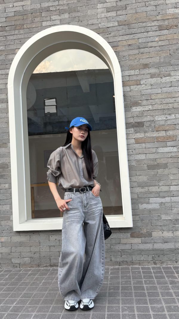 復古灰色闊腿褲 