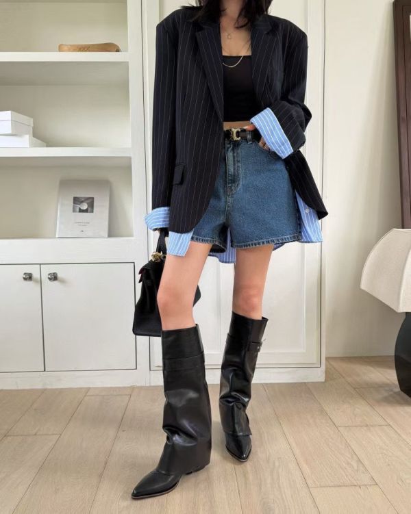 拼接直條襯衫西裝外套 