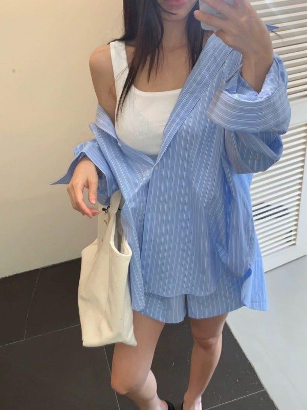 直條休閒短褲套裝 