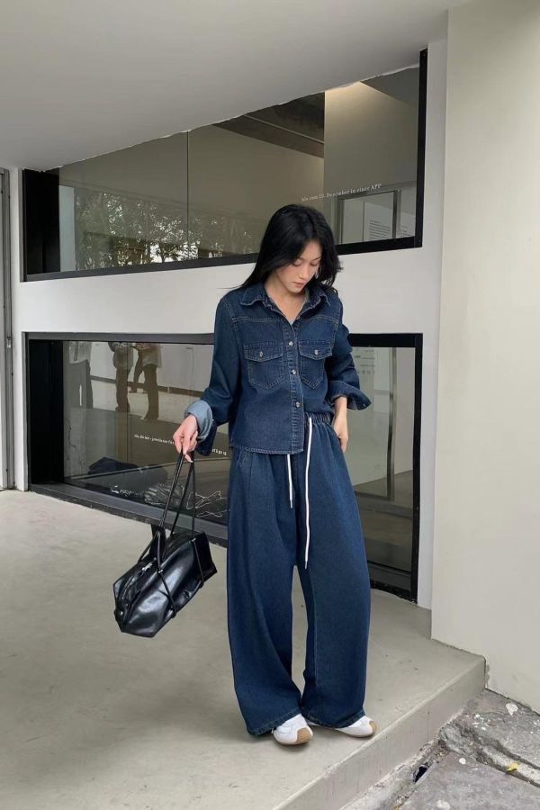 牛仔抽繩長褲SET 