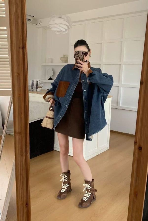 麂皮領撞色口袋牛仔襯 