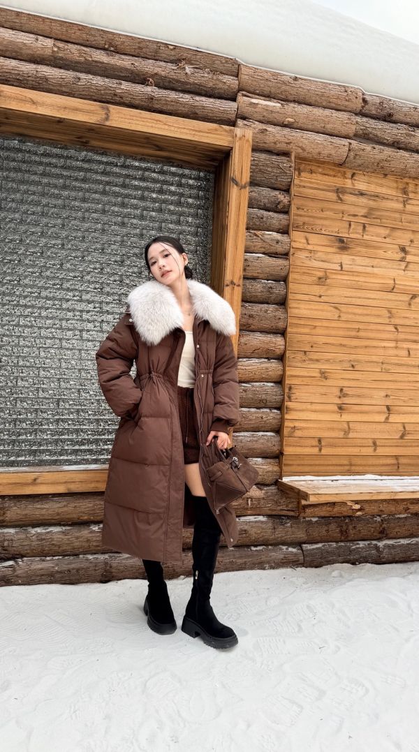 鴨絨90%狐狸毛長版外套（咖色） 