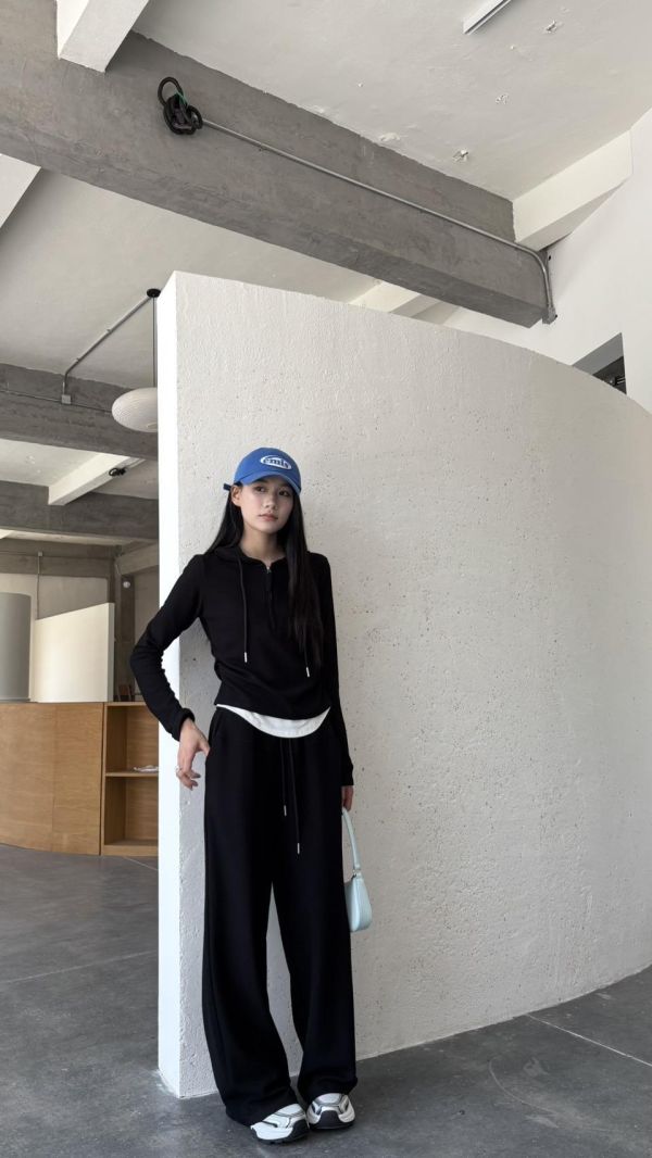 連帽假兩件長褲套裝（黑色） 