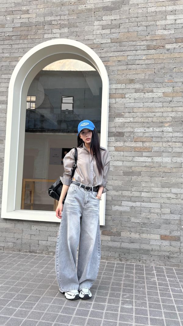 復古灰色闊腿褲 