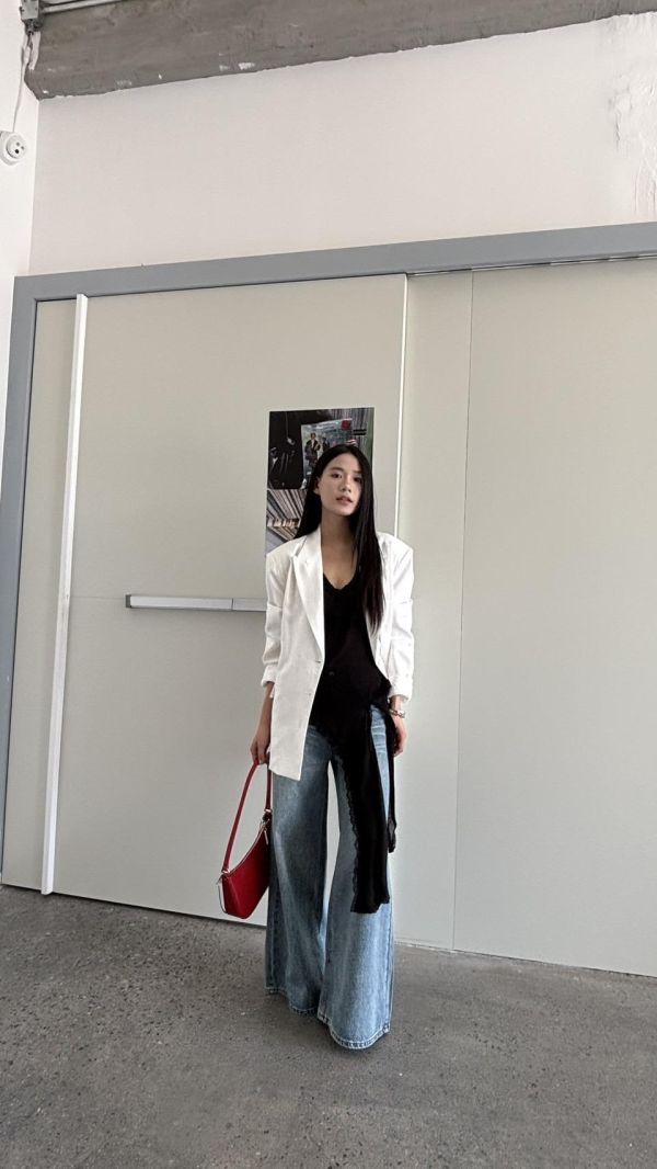 藍色直筒闊腿褲 