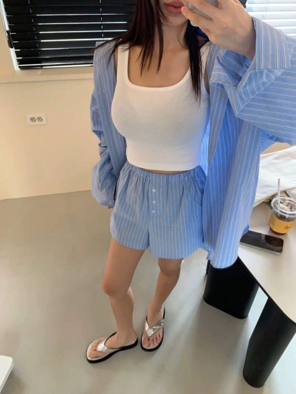 直條休閒短褲套裝 