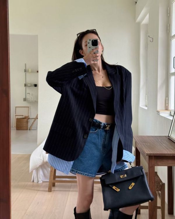 拼接直條襯衫西裝外套 