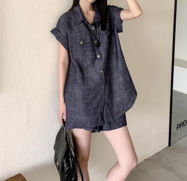 雙袋棉麻短褲套裝 