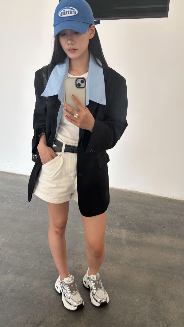 配色領西裝外套（黑色） 