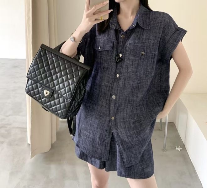 雙袋棉麻短褲套裝 