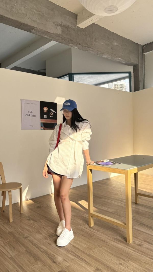 線條側釦襯衫（白色） 