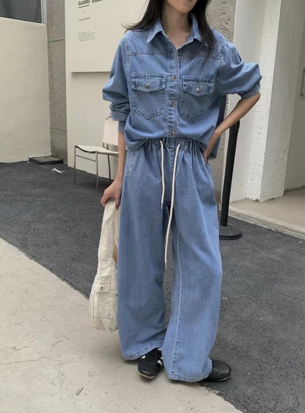 牛仔抽繩長褲SET 