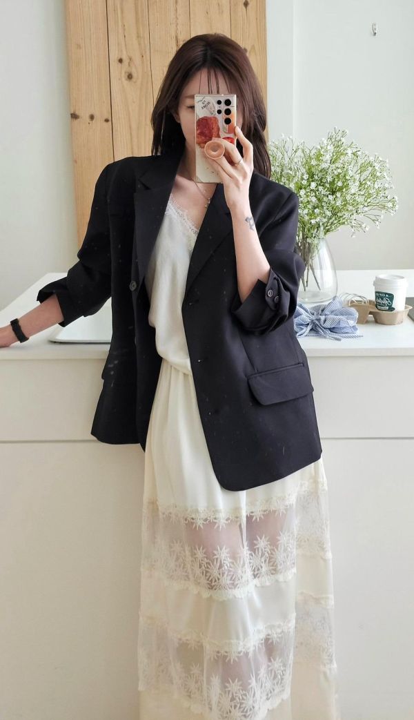 星星蕾絲緞面長裙 