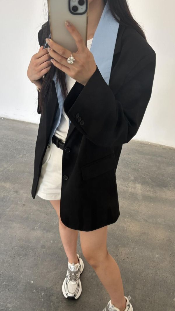 配色領西裝外套（黑色） 