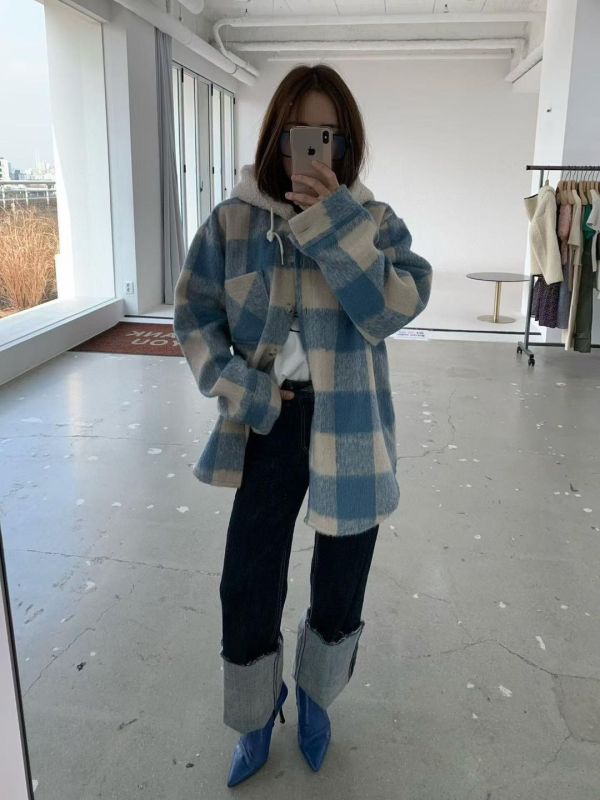 連帽彩色格子襯衫 