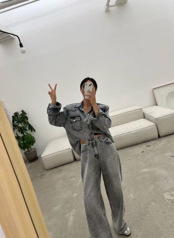 復古牛仔口袋衫＋直筒牛仔褲套裝 