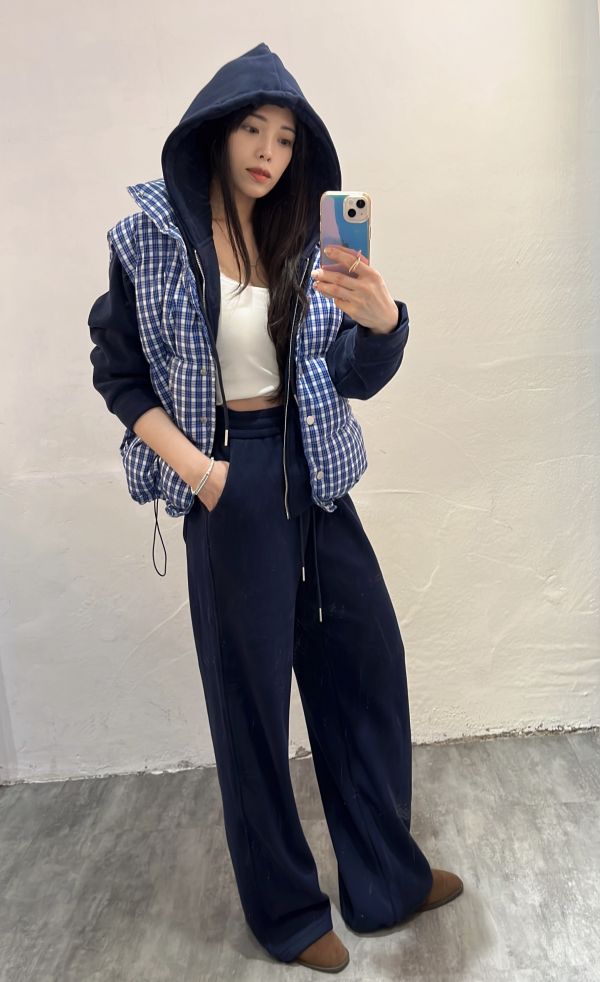 格紋鋪棉背心刷絨套裝 